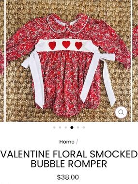 Pleats & Stitches Red Heart Smocked w Bows Baby Girl Long Sleeve Bubble 18M
